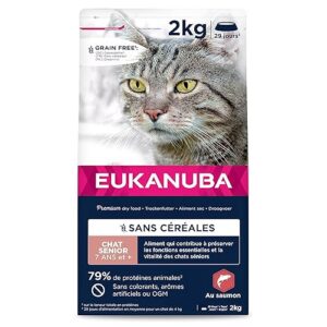 EUKANUBA Grain Free Croquettes pour Chat Senior - Riche en saumon - Apport en L-carnitine - Enrichie en taurine, Sans OGM, colorants, arômes artificiels - 2 kg
