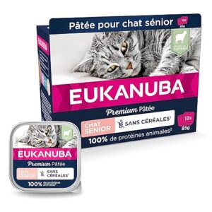 EUKANUBA Grain Free pour Chat Senior - Pâtée Premium SANS CEREALES – Sans gluten – Faible teneur en graisses - Riche en Agneau et enrichie en Taurine – 12 barquettes aluminium de 85 g