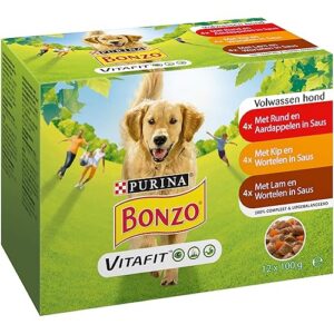 Bonzo Adult Dog Croquettes Aliments Humides, avec Bœuf & Pommes de Terre, Poulet & Carottes, Agneau & Carottes en Sauce 12 X 100g - Boîte de 4 (48 Sacs Repas; 4,8kg)
