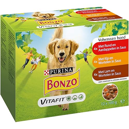 Bonzo Adult Dog Croquettes Aliments Humides, avec Bœuf & Pommes de Terre, Poulet & Carottes, Agneau & Carottes en Sauce 12 X 100g - Boîte de 4 (48 Sacs Repas; 4,8kg)
